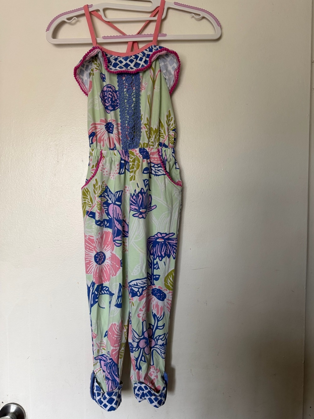 Matilda Jane Girls Floral Romper Jumpsuit Pink Blue Green Pom Trim Pockets
